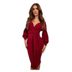 NWT Boohoo Midi Dress Off the Shoulder Wrap Knee Length Vamp Berry Wine 12